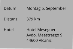Datum 	Montag 5. September   Distanz	379 km   Hotel		Hotel Meseguer Avdo. Maestrazgo 9 44600 Alcañiz