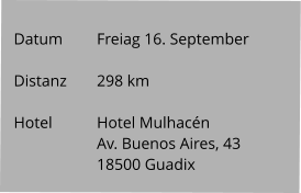 Datum 	Freiag 16. September   Distanz	298 km   Hotel		Hotel Mulhacén Av. Buenos Aires, 43  18500 Guadix