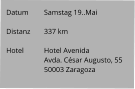 Datum 	Samstag 19..Mai   Distanz	337 km   Hotel	Hotel Avenida Avda. César Augusto, 55 50003 Zaragoza