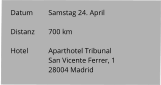 Datum 	Samstag 24. April  Distanz	700 km   Hotel	Aparthotel Tribunal San Vicente Ferrer, 1 28004 Madrid