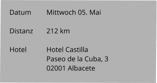 Datum 	Mittwoch 05. Mai  Distanz	212 km   Hotel		Hotel Castilla Paseo de la Cuba, 3 02001 Albacete